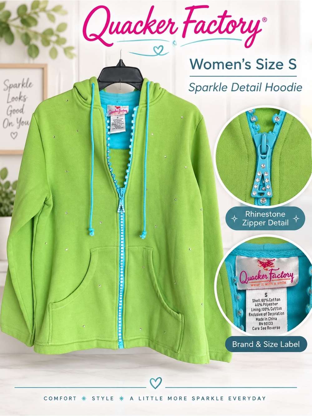 Quacker Factory Sparkle Zip Hoodie Women’s Small Lime Green Turquoise Rhinestone